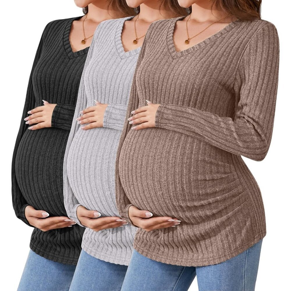 Maternity Shirts Ribbed Long Sleeve Set V Neck Pregnancy Tops For Women